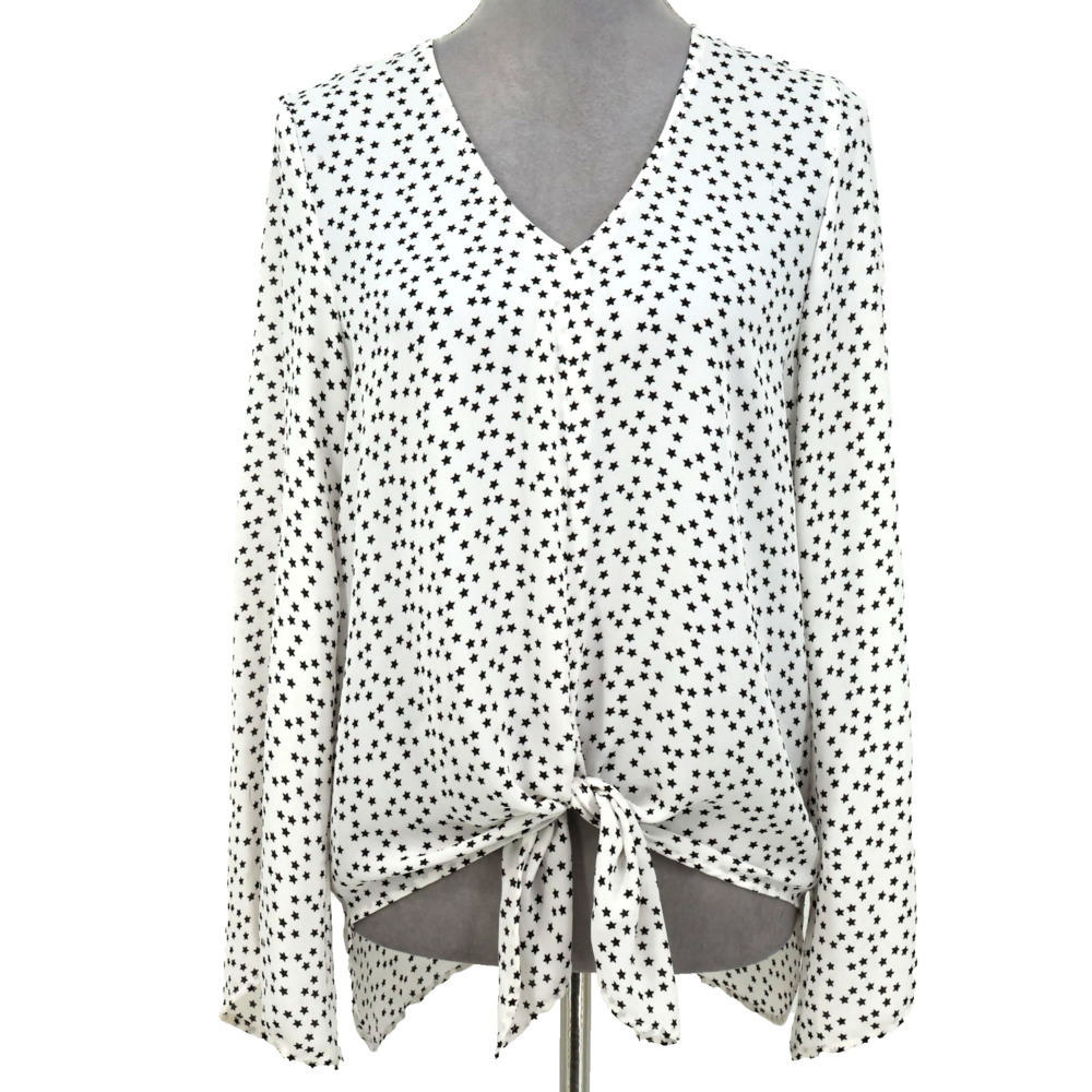 Karen Kane Top Womens Small White Black Stars Blouse Tie Waist Bell Sleeves